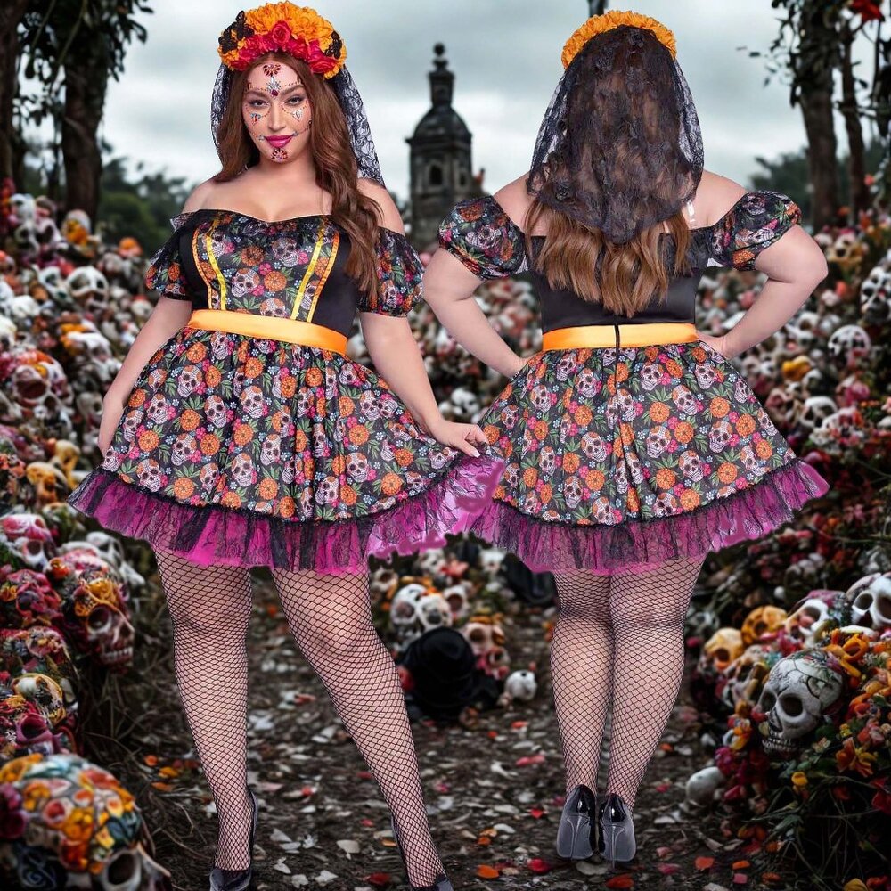 Plus Day of the Dead Sugar Skull Costume Womens 1x 2x Dia de los Muertos Dress